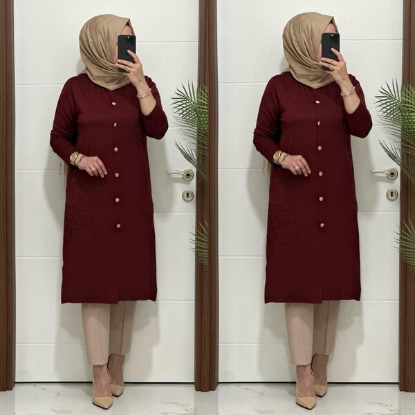 3580 K120 BORDO SOĞUK İPLİK DÜĞMELİ HIRKA - Thumbnail