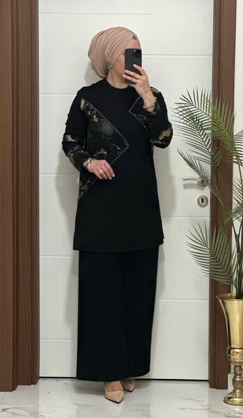 7401 K 150 SİYAH GOLD BASKILI TAŞLI TAKIM - Thumbnail