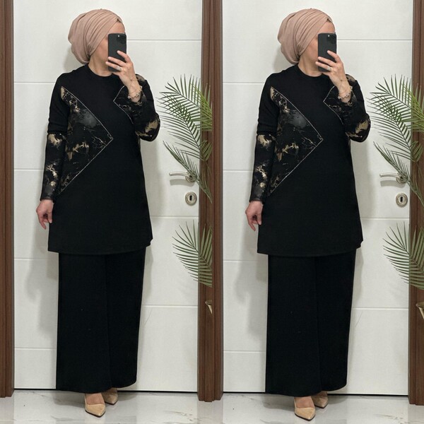 7401 K 150 SİYAH GOLD BASKILI TAŞLI TAKIM - Thumbnail