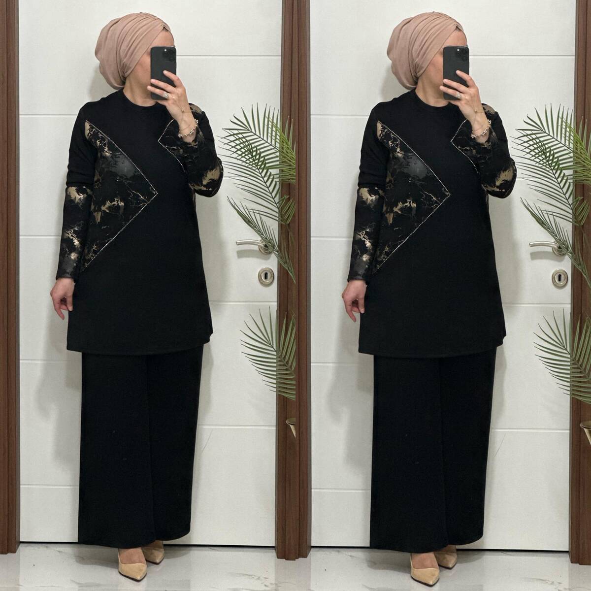 7401 K 150 SİYAH GOLD BASKILI TAŞLI TAKIM