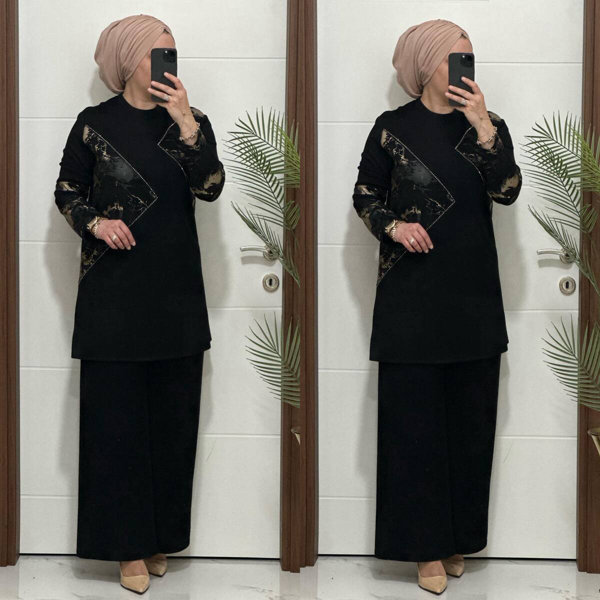 7401 K 150 SİYAH GOLD BASKILI TAŞLI TAKIM