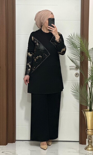 MASAL ABİYEM - 7401 K 150 SİYAH GOLD BASKILI TAŞLI TAKIM