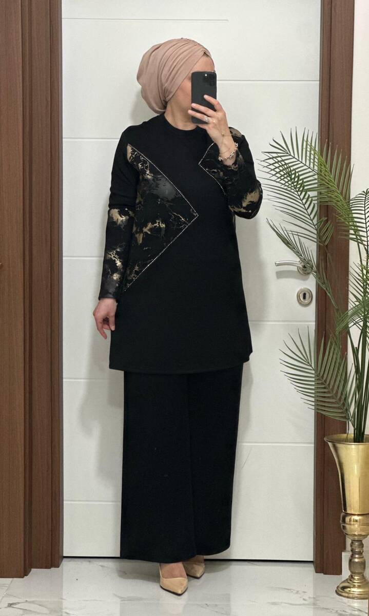 7401 K 150 SİYAH GOLD BASKILI TAŞLI TAKIM