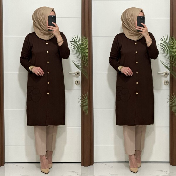 3580 K120 KAHVE SOĞUK İPLİK DÜĞMELİ HIRKA - Thumbnail