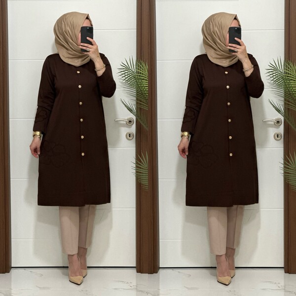 3580 K120 KAHVE SOĞUK İPLİK DÜĞMELİ HIRKA - Thumbnail