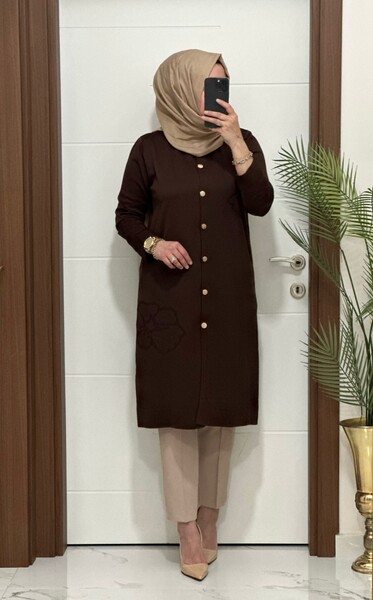 MASAL ABİYEM - 3580 K120 KAHVE SOĞUK İPLİK DÜĞMELİ HIRKA 