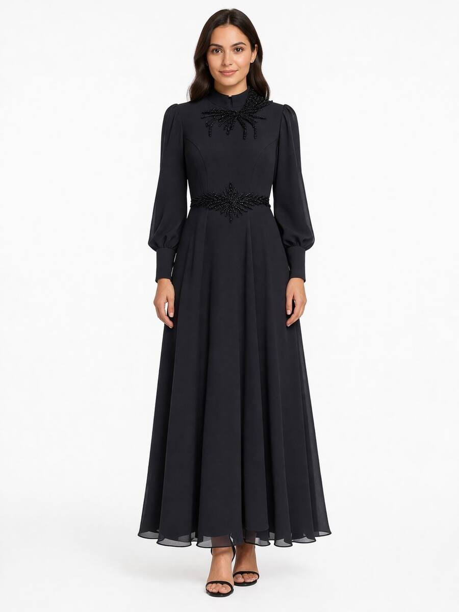 4121 K 200 SİYAH BELİ TAŞLI ŞİFON ELBİSE _Kopya(1)_Kopya(1)