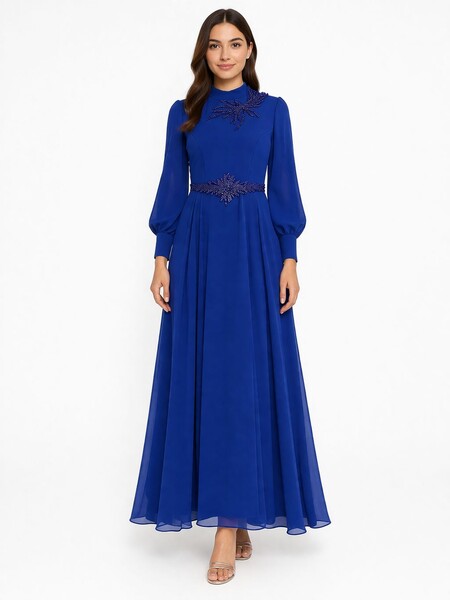 MASAL ABİYEM - 4121 K 200 SAKS BELİ TAŞLI ŞİFON ELBİSE _Kopya(1)