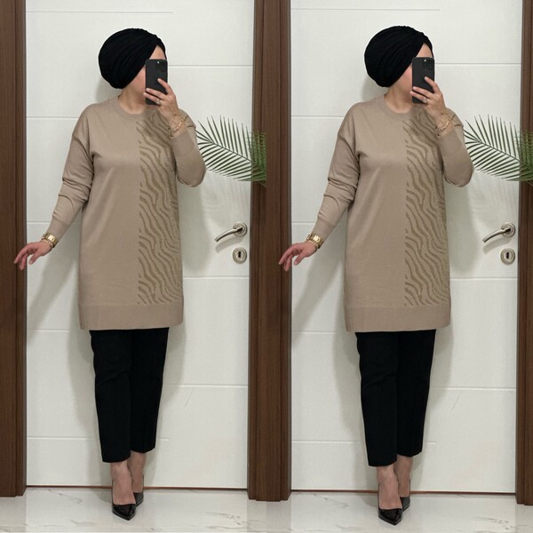 5100 K 100 VİZON ZEBRA DESEN SOĞUK İPLİK TUNİK - Thumbnail