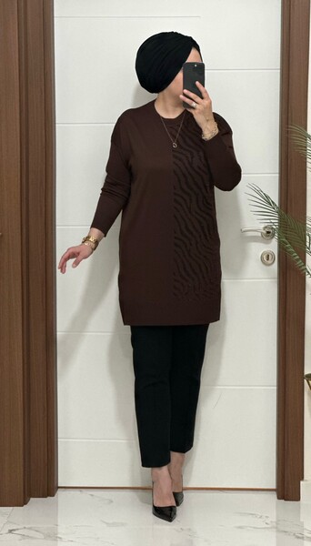 5100 K 100 KAHVE ZEBRA DESEN SOĞUK İPLİK TUNİK - Thumbnail