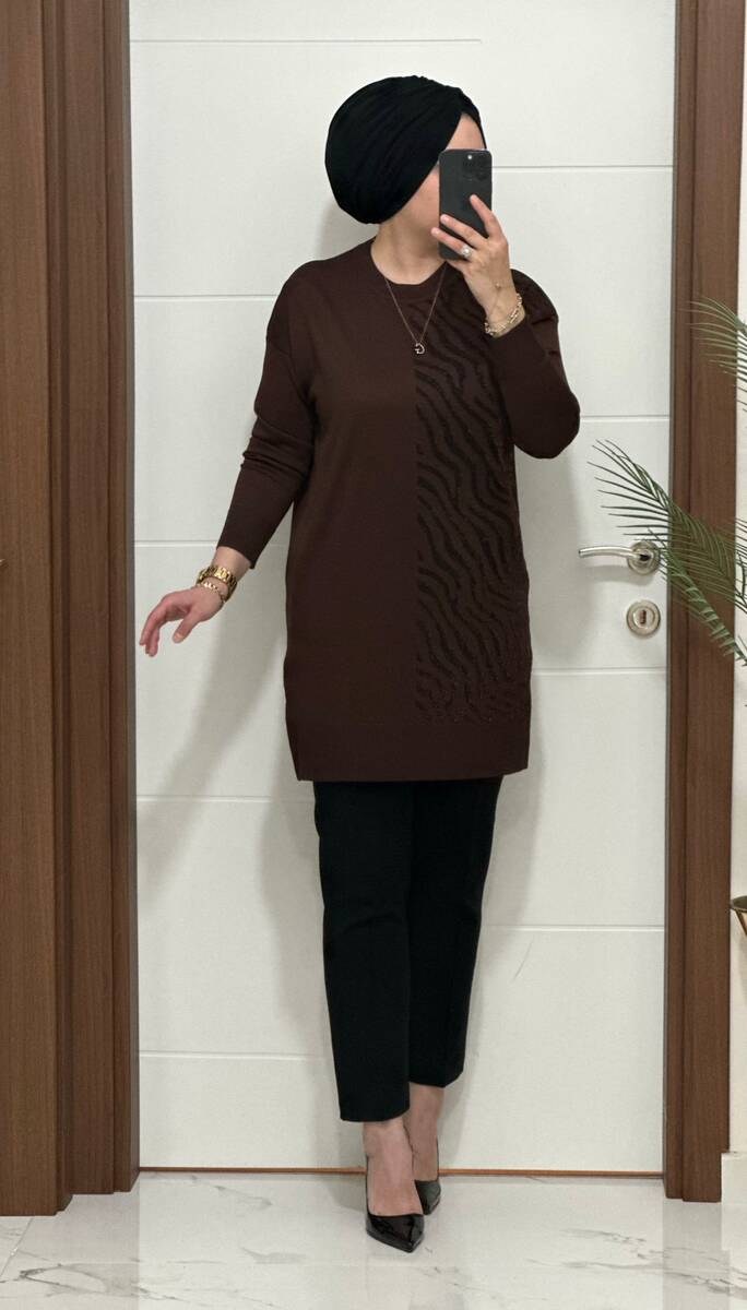 5100 K 100 KAHVE ZEBRA DESEN SOĞUK İPLİK TUNİK