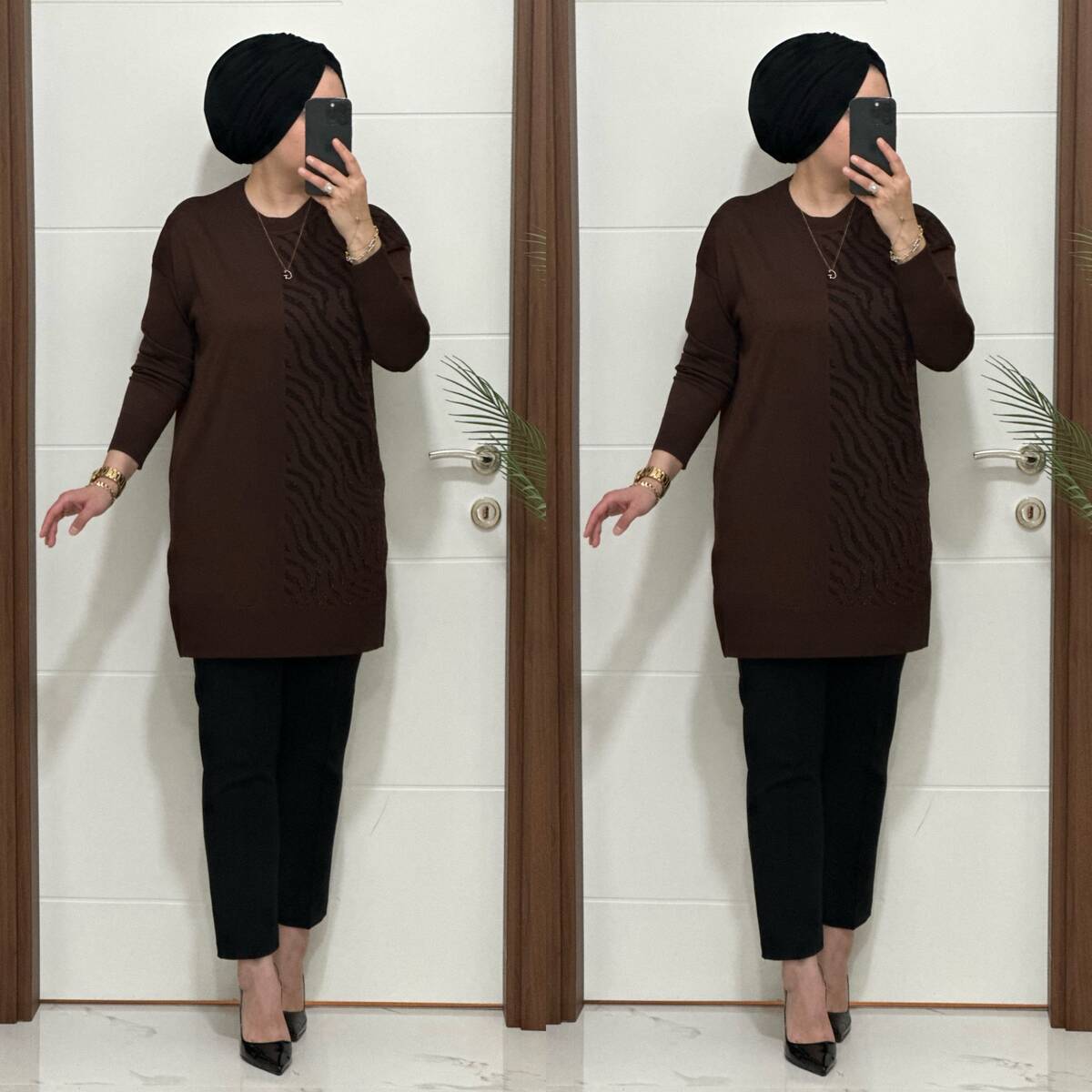 5100 K 100 KAHVE ZEBRA DESEN SOĞUK İPLİK TUNİK