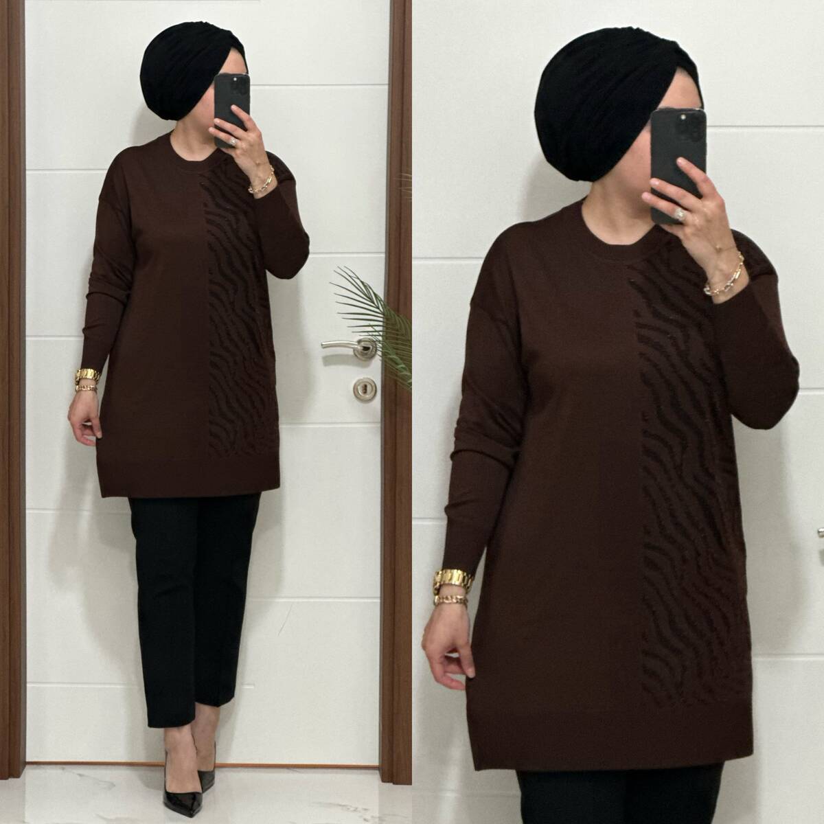 5100 K 100 KAHVE ZEBRA DESEN SOĞUK İPLİK TUNİK