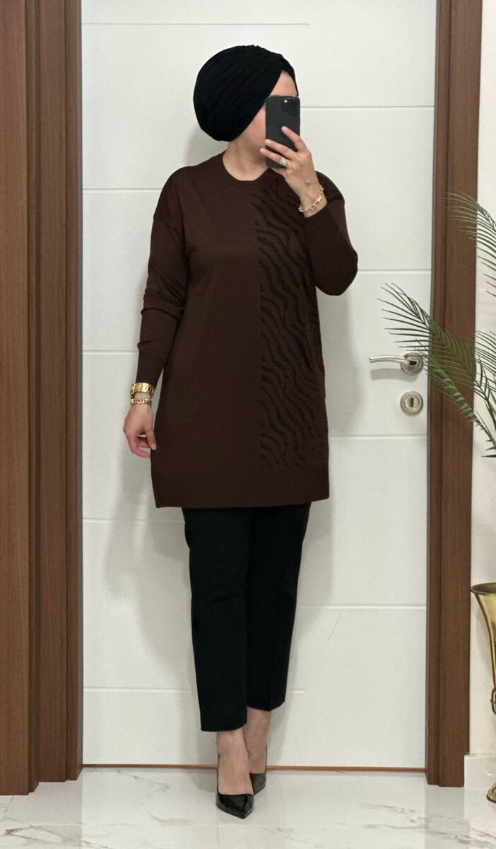 5100 K 100 KAHVE ZEBRA DESEN SOĞUK İPLİK TUNİK