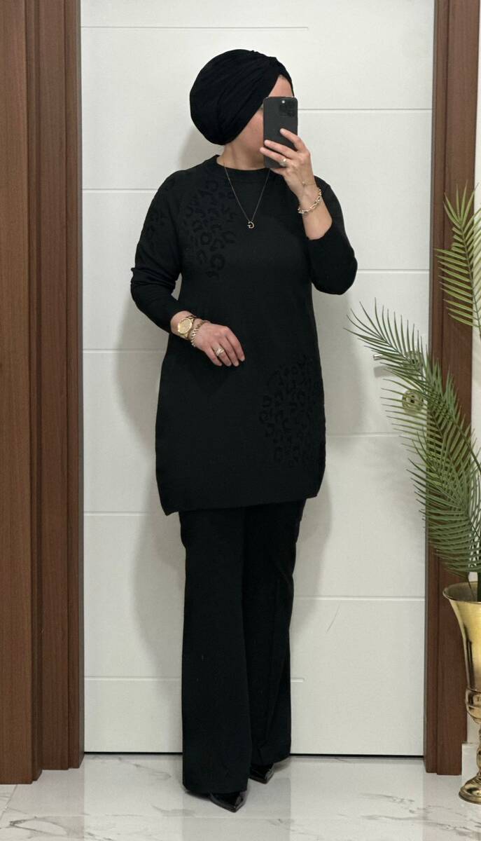 35301K 100 SİYAH LEOPAR DESEN TRİKO TUNİK