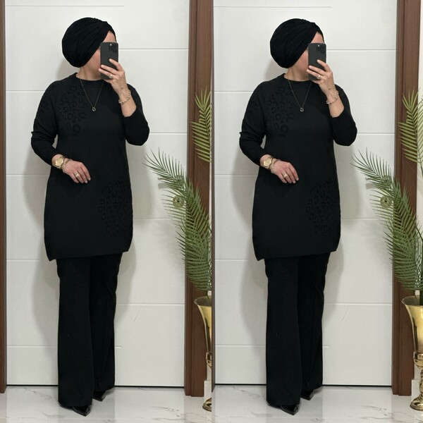 35301K 100 SİYAH LEOPAR DESEN TRİKO TUNİK - Thumbnail