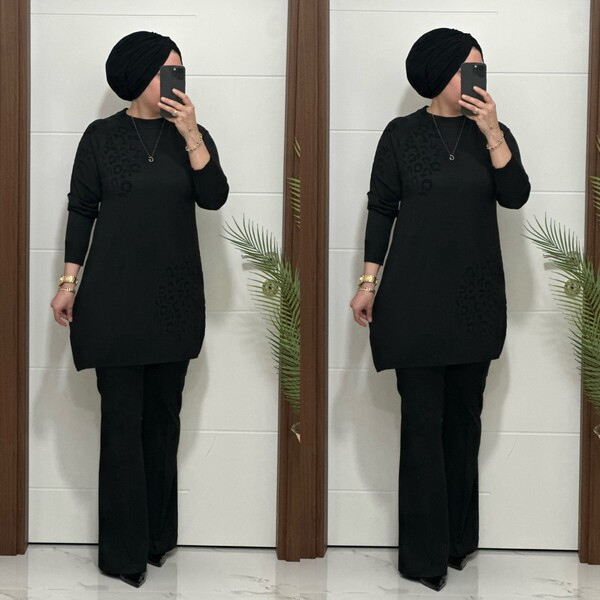 35301K 100 SİYAH LEOPAR DESEN TRİKO TUNİK - Thumbnail