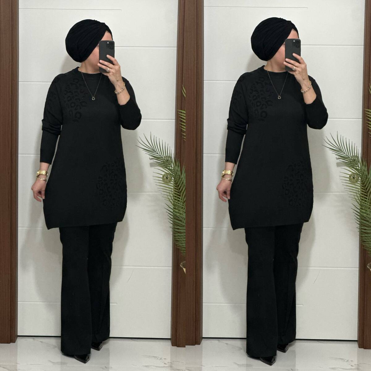 35301K 100 SİYAH LEOPAR DESEN TRİKO TUNİK