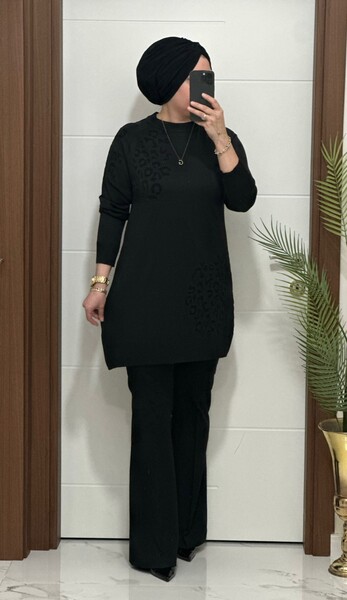 MASAL ABİYEM - 35301K 100 SİYAH LEOPAR DESEN TRİKO TUNİK