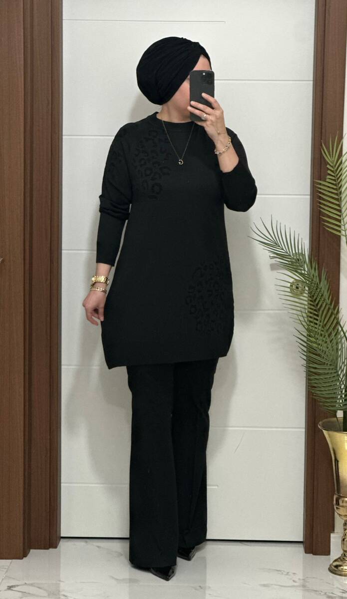 35301K 100 SİYAH LEOPAR DESEN TRİKO TUNİK