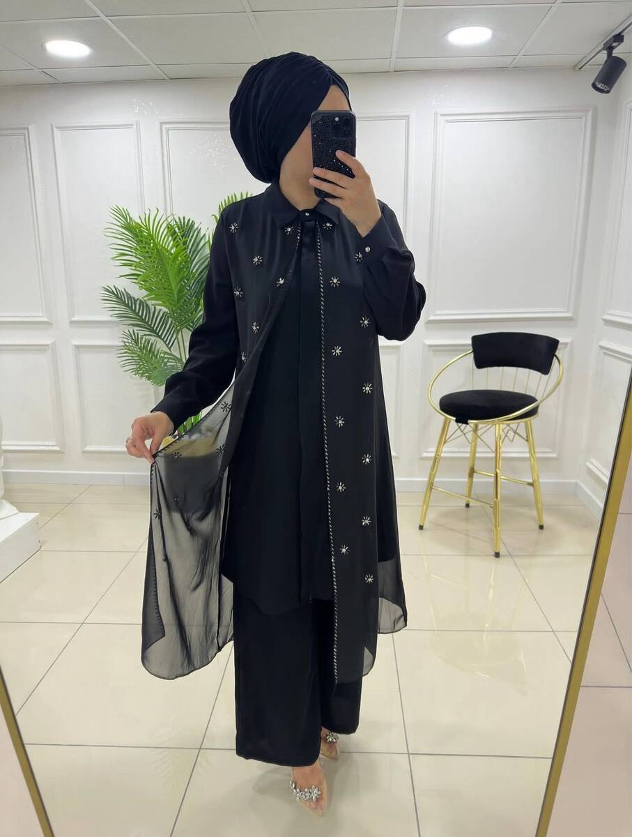 8989 K 90 SİYAH ŞİFON TAŞLI TAKIM