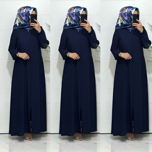 5328 K100 LACİVERT KOLLARI LASTİKLİ KREP FERACE - Thumbnail