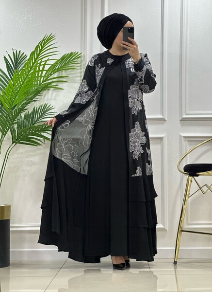 5529 K 400 SİYAH ORGANİZE TÜL BONCUKLU ABAYA - Thumbnail