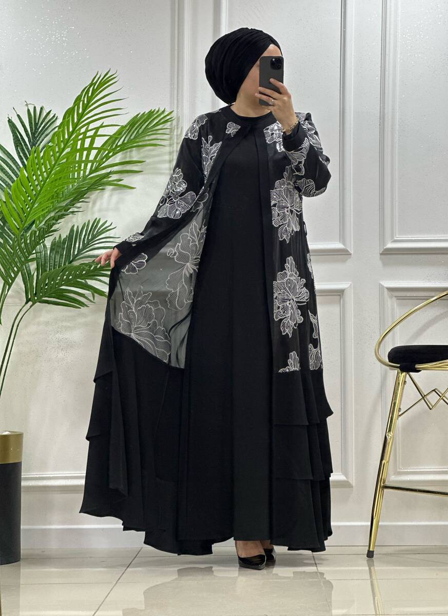 5529 K 400 SİYAH ORGANİZE TÜL BONCUKLU ABAYA 