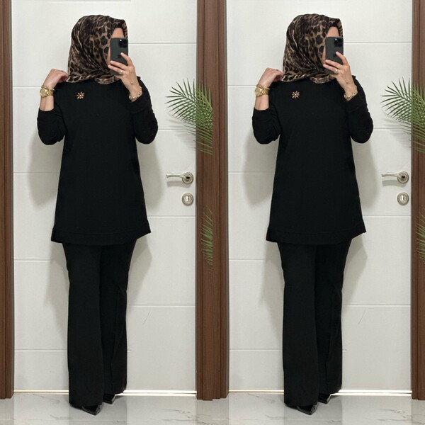 1550 K 656 SİYAH BROŞ HEDİYELİ BÜYÜK BEDEN TUNİK - Thumbnail