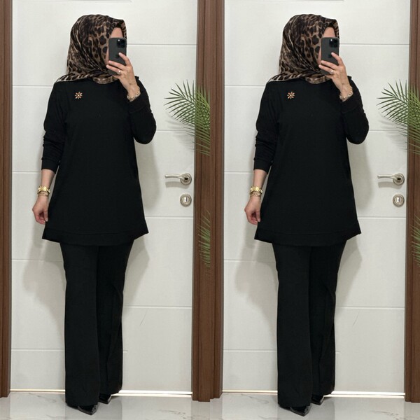 1550 K 656 SİYAH BROŞ HEDİYELİ BÜYÜK BEDEN TUNİK - Thumbnail