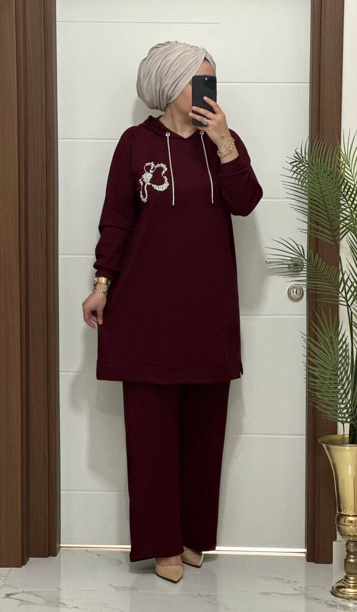 6666 K 150 BORDO ÇİÇEK TAŞLI OYSHO TAKIM 