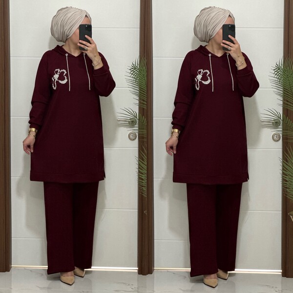 6666 K 150 BORDO ÇİÇEK TAŞLI OYSHO TAKIM - Thumbnail