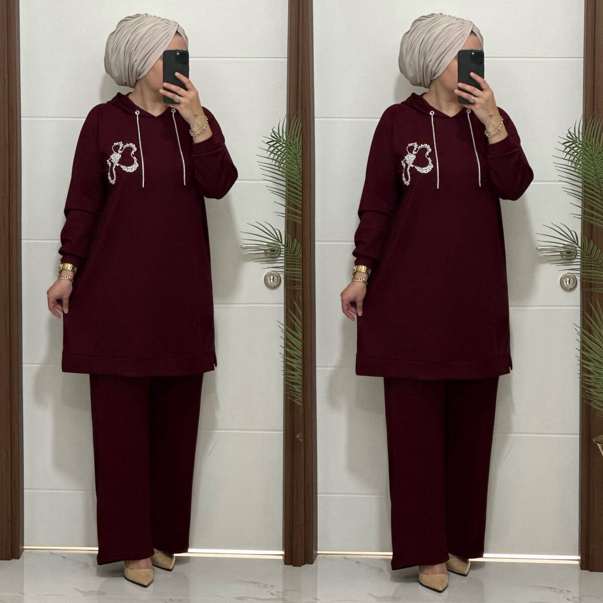 6666 K 150 BORDO ÇİÇEK TAŞLI OYSHO TAKIM 