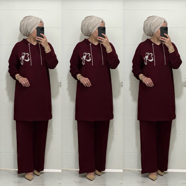 6666 K 150 BORDO ÇİÇEK TAŞLI OYSHO TAKIM - Thumbnail