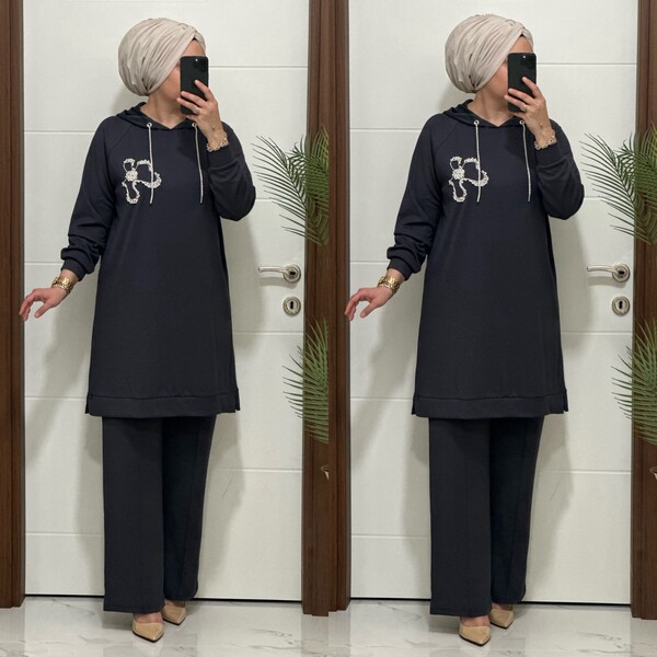 6666 K 150 GRİ ÇİÇEK TAŞLI OYSHO TAKIM - Thumbnail