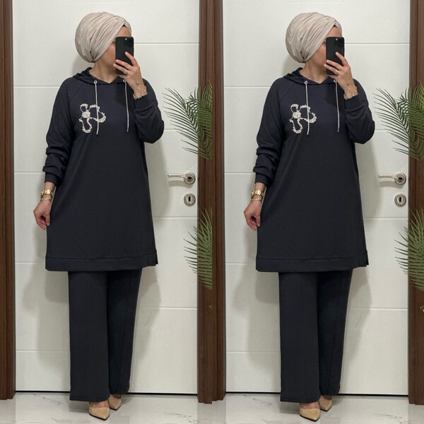 6666 K 150 GRİ ÇİÇEK TAŞLI OYSHO TAKIM - Thumbnail