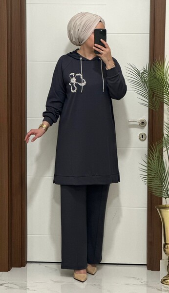 6666 K 150 GRİ ÇİÇEK TAŞLI OYSHO TAKIM - Thumbnail