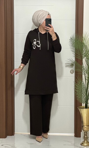 6666 K 150 KAHVERENK ÇİÇEK TAŞLI OYSHO TAKIM - Thumbnail