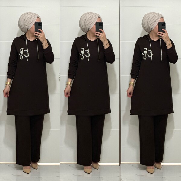 6666 K 150 KAHVERENK ÇİÇEK TAŞLI OYSHO TAKIM - Thumbnail