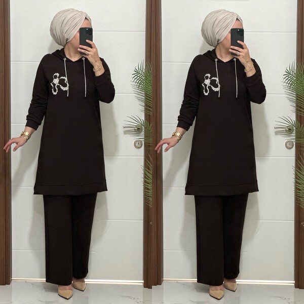 6666 K 150 KAHVERENK ÇİÇEK TAŞLI OYSHO TAKIM - Thumbnail