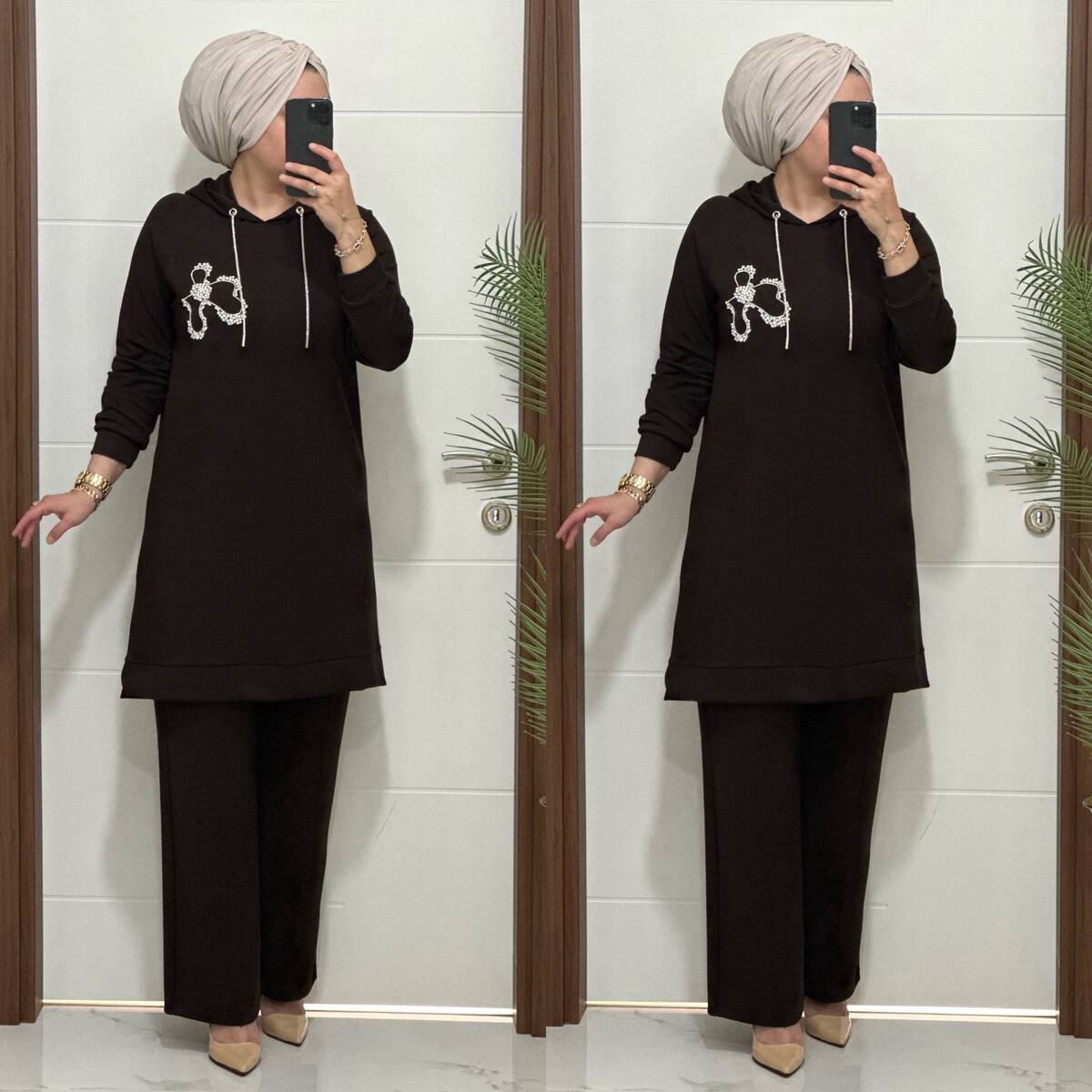 6666 K 150 KAHVERENK ÇİÇEK TAŞLI OYSHO TAKIM 