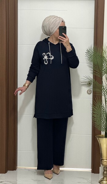 6666 K 150 LACİVERT ÇİÇEK TAŞLI OYSHO TAKIM - Thumbnail