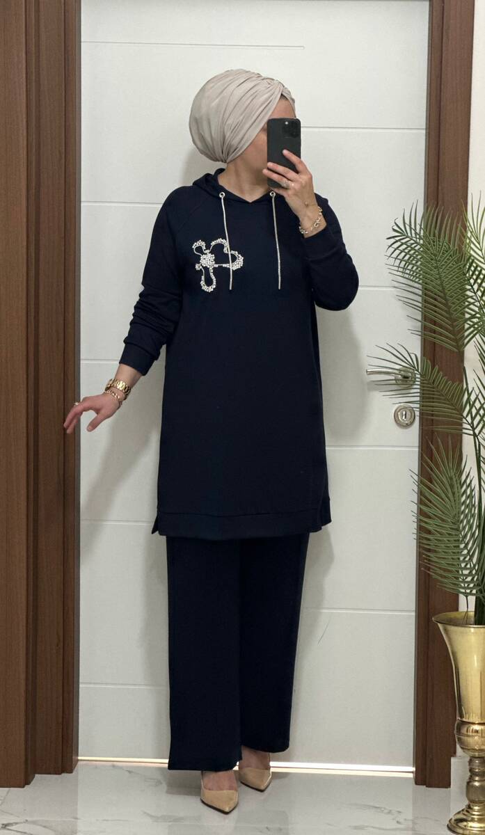 6666 K 150 LACİVERT ÇİÇEK TAŞLI OYSHO TAKIM 