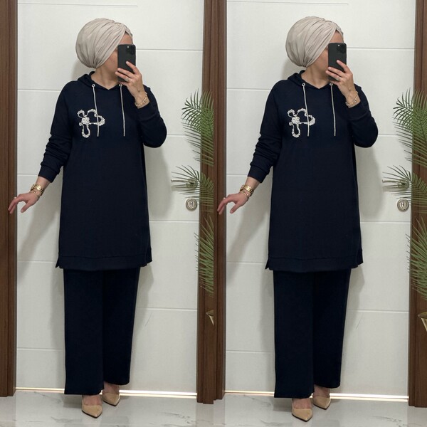 6666 K 150 LACİVERT ÇİÇEK TAŞLI OYSHO TAKIM - Thumbnail