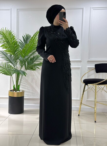 7037 K 400 SİYAH FAVELLA BONCUK İŞLEMİ ABİYE - Thumbnail