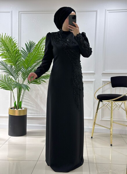 7037 K 400 SİYAH FAVELLA BONCUK İŞLEMİ ABİYE - Thumbnail