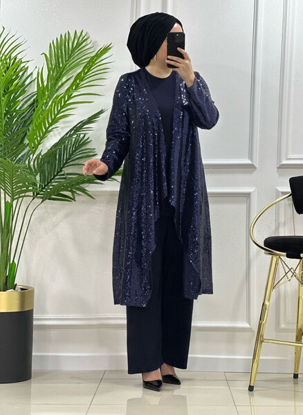 MASAL ABİYEM - 7114 K 150 LACİVERT PAYETLİ ÜÇLÜ CEKETLİTAKIM