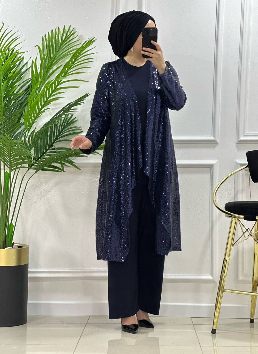 7114 K 150 LACİVERT PAYETLİ ÜÇLÜ CEKETLİTAKIM