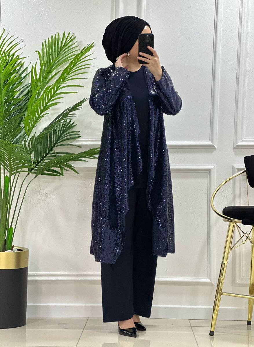 7114 K 150 LACİVERT PAYETLİ ÜÇLÜ CEKETLİTAKIM