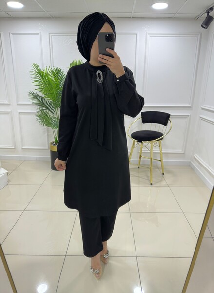 MASAL ABİYEM - 7131 K 90 SİYAH TAŞ BROŞLU İKİLİ TAKIM